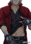  1boy artist_name bandaged_hand bandages beard belt black_gloves black_pants black_shirt clothes_lift coat dante_(devil_may_cry) devil_may_cry_(series) devil_may_cry_5 facial_hair fingerless_gloves gloves gun head_out_of_frame highres holding holding_gun holding_weapon long_coat male_focus midriff_peek navel navel_hair open_clothes open_coat pants red_coat shirt shirt_lift simple_background smile solo stelarpidgin toned toned_male weapon white_background white_hair 