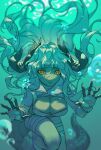  1girl air_bubble arknights breasts bubble caustics claws crocodilian_tail estelle_(arknights) eyebrows_visible_through_hair floating_hair high_collar highres horns large_breasts long_hair looking_at_viewer mizuno_star no_nose open_mouth orange_eyes scar scar_on_face shorts solo underwater 