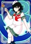  1girl anchor anchor_symbol black_hair blurry blush collared_shirt commentary_request depth_of_field feet_out_of_frame green_eyes hakkaame hat holding holding_ladle ladle looking_at_viewer murasa_minamitsu neckerchief red_neckerchief sailor_collar sailor_hat shirt shoes short_hair short_sleeves shorts smile socks solo touhou white_hat white_shirt white_shoes white_shorts white_socks 