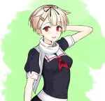  1girl alternate_hair_length alternate_hairstyle black_ribbon black_serafuku blonde_hair gradient_hair hair_flaps hair_ornament hair_ribbon hairclip highres kantai_collection kepyrtca looking_at_viewer multicolored_hair neckerchief red_eyes red_neckerchief remodel_(kantai_collection) ribbon sailor_collar scarf school_uniform serafuku short_hair solo upper_body white_sailor_collar white_scarf yuudachi_(kancolle) 