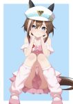  1girl absurdres animal_ears astroglia_cyte blue_eyes blush brown_hair cheval_grand_(umamusume) closed_mouth commentary_request hat highres horse_ears horse_girl horse_tail looking_at_viewer loose_socks meni_shuki_rush-sshu! pink_skirt short_hair sitting skirt socks solo tail umamusume white_hat white_socks 