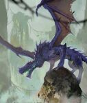 cloud cloudy_sky dragon dragon_horns falling_leaves horns leaf miso_katsu no_humans open_mouth original purple_scales revision scales sharp_teeth sky standing stone teeth torn_wings wings 