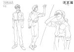  1990s_(style) 1boy absurdres belt breast_pocket character_sheet clenched_hand collared_shirt cowboy_shot from_behind full_body greyscale highres kaji_ryouji looking_back male_focus monochrome multiple_views neon_genesis_evangelion official_art pocket production_art retro_artstyle sadamoto_yoshiyuki shirt shirt_tucked_in shoes simple_background sleeves_rolled_up turnaround white_background zip_available 