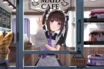  1girl apron baguette bangs black_dress black_hair black_ribbon blush bread cafe cake cleaning closed_mouth commentary dress eyebrows_visible_through_hair food glass_door hair_ribbon holding indoors long_hair looking_at_viewer maid maid_cafe maid_headdress menu_board necktie original purple_eyes purple_necktie ribbon short_sleeves sidelocks sign smile solo superpig twintails white_apron wiping 