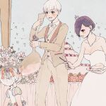  1boy 2girls absurdres bangs bow cake dress earrings flower food highres holding holding_plate jewelry kaneki_ichika kaneki_ken kirishima_touka multiple_girls open_mouth plate short_hair smile spoon tokyo_ghoul tokyo_ghoul:re toukaairab wedding_dress 