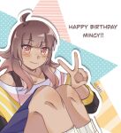  1girl ahoge aoihiraki artist_name bare_shoulders black_jacket blue_background blue_skirt borrowed_character bra_strap brown_hair center-flap_bangs chromatic_aberration closed_mouth collarbone commentary dark-skinned_female dark_skin english_commentary feet_out_of_frame flipped_hair gradient_hair hand_up happy_birthday highres jacket jacket_partially_removed kneehighs knees_up long_sleeves looking_at_viewer medium_skirt mole mole_under_mouth multicolored_hair off-shoulder_shirt off_shoulder omori open_clothes open_jacket orange_background original outline pink_eyes pink_hair pink_shirt pleated_skirt polka_dot polka_dot_background sailor_collar shirt sidelocks simple_background sitting skirt smile socks solo striped_background striped_clothes striped_shirt two-tone_hair two-tone_shirt v vix_(donuqx) white_background white_outline white_shirt white_socks yellow_background yellow_sailor_collar 