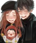  1girl 2boys baby brown_hair chullo coat family father_and_son glasses harry_potter harry_potter_(series) harry_potter_and_the_philosopher&#039;s_stone hat highres holding_baby james_potter lily_evans long_hair mother_and_son multiple_boys red_hair scarf short_hair smile winter_clothes winter_coat younger 
