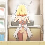  1girl animal_ears apron ass blonde_hair commentary_request cooking fake_animal_ears floppy_ears from_behind gochuumon_wa_usagi_desu_ka? headdress indoors kirima_sharo musical_note naked_apron rabbit_ears shirosato short_hair solo steam white_apron 