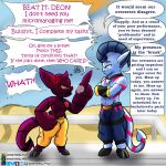 1:1 argument arm_tattoo armor big_hands blue_bottomwear blue_clothing blue_pants bottomwear bracers chest_tattoo clothing crossed_arms demon demon_humanoid desert english_description english_text heart_tail hi_res hooved_toes hooves horn horned_humanoid humanoid jewelry long_ears name_on_clothing necklace pants pubic_tattoo pupils sinisterslyfox slit_pupils spade_tail standing tail tattoo text yellow_bottomwear yellow_clothing yellow_eyes yellow_pants yellow_sclera