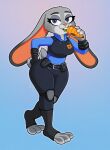 2025 absurd_res anthro belt blue_eyes breasts clothing dipstick_ears disney ear_markings eyebrows eyelashes feet female fingerless_gloves fur gloves grey_body grey_fur handwear hi_res judy_hopps knee_pads lagomorph leporid mammal multicolored_ears police police_uniform rabbit roboticsteve solo uniform utility_belt wide_hips zootopia