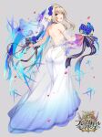  1girl ass back bangs blue_flower blue_rose bouquet brave_girl_ravens breasts bridal_veil circlet commentary_request copyright_name dress floating_hair flower from_behind full_body grey_background holding holding_bouquet horosuke kairi_(brave_girl_ravens) large_breasts looking_at_viewer looking_back official_art open_mouth petals purple_eyes purple_flower purple_rose rose see-through sidelocks simple_background smile solo veil wedding_dress white_dress white_flower white_rose 
