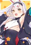  1girl animal_ears arm_up armpits azur_lane breasts brown_eyes eyebrows_visible_through_hair highres long_hair looking_at_viewer milk_w1022 open_mouth rabbit_ears shimakaze_(azur_lane) small_breasts smile solo underboob upper_body very_long_hair white_hair 