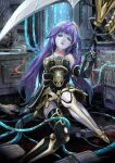  1girl android bangs chinchira closed_eyes duel_monster galatea_the_orcust_automaton gloves hair_ornament holding holding_scythe holding_weapon humanoid_robot joints long_hair machine on_floor purple_hair robot_joints scythe single_thighhigh sitting skirt solo thighhighs tube weapon yu-gi-oh! 