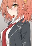  1girl black_jacket blazer blush breasts commentary_request crossed_bangs dress_shirt fate/grand_order fate_(series) fujimaru_ritsuka_(female) grey_background hair_between_eyes hair_ornament hair_scrunchie jacket large_breasts looking_at_viewer medium_hair necktie open_clothes open_jacket orange_eyes orange_hair parted_lips red_necktie scrunchie shimen_soka shirt side_ponytail simple_background solo upper_body white_shirt wing_collar 