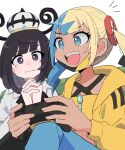  2girls absurdres aqua_hair bandeau black_dress black_hair black_mask blonde_hair blunt_bangs bob_cut canari_(pokemon) center-flap_bangs coat commentary_request controller criss-cross_straps dark-skinned_female dark_skin dress game_controller gradient_hair gwynn_(pokemon) highres holding holding_controller holding_game_controller jacket knees_together_feet_apart mask mask_pull mouth_mask multicolored_hair multiple_girls nattoreichan open_clothes open_coat own_hands_together pants pokemon pokemon_legends:_z-a purple_eyes short_hair short_twintails split-color_hair teeth twintails two-tone_mask two-tone_pants upper_teeth_only white_coat yellow_bandeau yellow_jacket yellow_mask 
