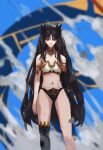  1girl armband asymmetrical_gloves asymmetrical_legwear black_hair bra collarbone commentary earrings elbow_gloves fate/grand_order fate_(series) gloves hair_ornament hair_ribbon highres ishtar_(fate) jewelry kdm_(ke_dama) long_hair looking_at_viewer navel panties red_eyes ribbon solo strapless strapless_bra thighhighs twintails underwear 