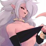  1girl android_21 arm_at_side black_gloves black_sclera bracelet breasts cleavage close-up clothes_pull collarbone colored_sclera colored_skin commentary_request dragon_ball dragon_ball_fighterz earrings elbow_gloves fang furrowed_brow gloves grey_hair hand_up hoop_earrings jewelry kz_(dbz_kz) looking_at_viewer looking_down majin_android_21 medium_breasts midriff narrow_waist neck_ring open_mouth pink_skin pointy_ears pulled_by_self red_eyes simple_background solo spiked_hair strapless tail teeth tsurime tube_top underboob upper_body upper_teeth wavy_hair white_background 
