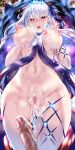  1boy 1girl absurdres after_sex bangs blush breasts censored cum cum_in_pussy cum_on_body cum_on_breasts earrings eyebrows_visible_through_hair fary5 fate/grand_order fate_(series) finger_heart from_below hair_ornament hetero highres jewelry kama_(fate) kama_(swimsuit_avenger)_(fate) large_breasts long_hair looking_at_viewer looking_down mosaic_censoring nail_polish navel nipples open_mouth penis pussy red_eyes red_nails silver_hair solo_focus 