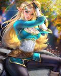  1girl ayya_sap black_pants blonde_hair blue_eyes blue_shirt braid breasts hands_in_hair highres long_hair looking_at_viewer medium_breasts pants pinup_(style) pointy_ears princess_zelda shirt solo the_legend_of_zelda the_legend_of_zelda:_breath_of_the_wild undershirt 