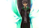  1boy black_eyes black_hair black_robe childlock curtains harry_potter_(series) hogwarts_school_uniform necktie regulus_arcturus_black school_uniform short_hair solo striped striped_necktie younger 