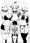  1boy 3girls absurdres age_difference black_hair blush bombergirl breasts bulge child erection erection_under_clothes faceless faceless_male greyscale hand_on_another&#039;s_neck hat highres huge_breasts jakko large_breasts long_hair looking_at_viewer mature_female miniskirt monochrome multiple_girls navel papuru_(bombergirl) sepia skirt stool surrounded thick_thighs thighs white_background 