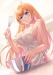  1girl ahoge apron blue_eyes bowl breasts cleavage cream cream_on_body food highres holding large_breasts long_hair looking_at_viewer naked_apron orange_hair pecorine_(princess_connect!) princess_connect! sebu_illust solo white_apron 