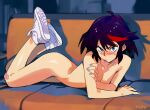  1girl bandaid bandaid_on_knee bangs black_hair blue_eyes blue_nails blush breasts cleavage commentary couch english_commentary kill_la_kill looking_at_viewer lying matoi_ryuuko medium_hair multicolored_hair nude on_stomach optionaltypo red_hair shadow shoes sneakers solo streaked_hair the_pose white_footwear 