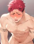  1boy abs animal_ears arm_tattoo bara blush completely_nude covering covering_crotch dog_boy dog_ears hao_(haozz) large_pectorals leaning_forward looking_at_viewer male_focus male_pubic_hair muscular muscular_male navel nipples nude open_mouth original pectorals pubic_hair red_eyes red_hair sharp_teeth short_hair solo sweat tattoo teeth undercut 