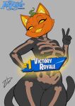 absurd_res black_clothing black_suit bodysuit camel_toe clothing epic_games felid feline female for_a_head fortnite gesture halloween hand_gesture hi_res holidays inktober inktober_2025 jack-o'-lantern mammal markings nipple_outline object_head pumpkin_head simple_background skeleton_(marking) skinsuit solo suit tail tight_clothing v_sign zoobastik