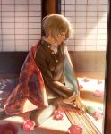  1boy absurdres aki963852 book buttons camellia cape flower from_side gakuran highres light_rays looking_down male_focus natsume_takashi natsume_yuujinchou red_cape school_uniform sliding_doors solo 
