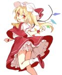  1girl :d ascot ass bangs blonde_hair bloomers blush bobby_socks bow commentary_request crystal eyebrows_visible_through_hair fang flandre_scarlet flat_chest foot_out_of_frame hair_between_eyes hat hat_bow looking_at_viewer looking_back mob_cap one_side_up open_mouth paragasu_(parags112) petticoat puffy_short_sleeves puffy_sleeves red_bow red_eyes red_footwear red_skirt red_vest short_hair short_sleeves simple_background skin_fang skirt smile socks solo standing standing_on_one_leg touhou twisted_torso underwear upskirt vest white_background white_headwear white_legwear wings wristband yellow_ascot 