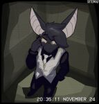  2025 5_fingers :3 adjusting_glasses anthro bat bird's-eye_view black_body black_bottomwear black_clothing black_footwear black_fur black_pants black_shirt black_shoes black_topwear bottomwear button_(fastener) cain_(suitedwolfie) camera_hud camera_view cctv cheek_tuft clawed_hands claws clothing collared_shirt date detailed_background digital_drawing_(artwork) digital_media_(artwork) elevator english_text eyebrow_through_hair eyebrows eyelashes eyewear facial_tuft fingers footwear fur glasses gold_buttons gold_glasses hair hand_in_pocket hand_on_glasses head_tuft hi_res high-angle_view humanoid_hands inside looking_at_viewer male mammal markings necktie pants pink_eyes pink_inner_ear pockets scanlines security security_camera shaded shadow shirt smug snout solo standing suit suitedwolfie text time timestamp topwear translucent translucent_hair tuft vhs vhs_filter watermark white_clothing white_markings white_necktie white_suit 