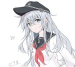  1girl anchor_symbol black_headwear black_sailor_collar blue_eyes commentary_request core_(mayomayo) dated flat_cap hat hibiki_(kancolle) kantai_collection long_hair looking_at_viewer neckerchief red_neckerchief sailor_collar school_uniform serafuku silver_hair simple_background solo upper_body white_background 