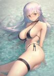  1girl alternate_costume ass bangs bikini black_bikini black_swimsuit braid breasts cleavage cowboy_shot fire_emblem fire_emblem:_the_binding_blade highres itaco large_breasts long_hair navel partially_submerged purple_eyes purple_hair ripples shadow sideboob silver_hair skindentation solo sophia_(fire_emblem) swimsuit water 