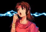  1girl black_background brown_eyes brown_hair hand_up headband hokuto_no_ken hungry_clicker lin_(hokuto_no_ken) long_hair newtype_flash open_mouth red_shirt shirt solo wristband 