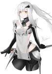 1girl absurdres alternate_costume artist_name bangs breasts closed_mouth eyebrows_visible_through_hair girls&#039;_frontline highres holding holding_weapon long_hair looking_at_viewer medium_breasts nyto_(girls&#039;_frontline) paradeus ponytail silver_hair solo sword teal_(girls&#039;_frontline) weapon white_background white_hair xue_shiming yellow_eyes 