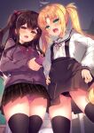  2girls :d ass_visible_through_thighs bangs black_hair black_legwear black_panties black_sailor_collar black_skirt blonde_hair blush brown_cardigan brown_eyes cardigan cellphone commentary_request eyebrows_visible_through_hair fang from_below green_eyes hair_between_eyes hair_ribbon hands_on_hips highres holding holding_phone indoors long_hair long_sleeves multiple_girls one_side_up open_mouth original panties parted_bangs phone phone_with_ears pink_panties pleated_skirt polka_dot polka_dot_panties red_ribbon ribbon sailor_collar school_uniform serafuku shirt skirt smile standing suspender_skirt suspenders suzunone_rena thighhighs twintails underwear very_long_hair white_sailor_collar white_shirt 