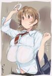  1girl :o bag bangs blush bouncing_breasts breasts brown_eyes brown_hair eyebrows_visible_through_hair hair_between_eyes hair_ornament hairclip holding large_breasts navel necktie original parted_lips pocket red_necktie school_uniform shirt solo upper_body white_shirt yaegashi_nan 