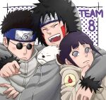  1girl 2boys :d aburame_shino akamaru_(naruto) black_hair brown_hair closed_eyes closed_mouth dog fangs forehead_protector fur-trimmed_jacket fur_trim grey_jacket hand_on_another&#039;s_shoulder highres hyuuga_hinata inuzuka_kiba jacket long_sleeves multiple_boys naruto naruto_(series) ninja open_mouth pince-nez pinoko_(pnk623) short_hair smile white_eyes 