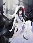  1girl akemi_homura akuma_homura alternate_costume arm_at_side arm_support backlighting bare_shoulders bare_tree black_feathers black_hair black_theme blurry blurry_background bone_print branch breasts bridal_veil cleavage_cutout closed_mouth clothing_cutout commentary_request cutout_gloves dress elbow_gloves elbow_on_knee facing_viewer feathered_wings feathers flower gloves hair_flower hair_ornament hair_ribbon half-closed_eyes high_collar highres hite_(fuii0077) holding lace lace_veil lens_flare light_particles light_rays long_dress long_hair looking_down mahou_shoujo_madoka_magica mahou_shoujo_madoka_magica_movie purple_eyes red_ribbon ribbon ribs rose shiny shiny_hair sleeveless sleeveless_dress small_breasts smile solo soul_gem straight_hair tree tsurime veil very_long_hair white_dress white_flower white_gloves white_rose white_veil wings 