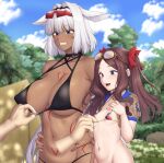  2girls absurdres animal_ears ao_banana bangs bare_shoulders bikini bikini_top black_bikini black_hair blue_eyes blue_sky blush body_markings breasts brown_hair caenis_(fate) caenis_(swimsuit_rider)_(fate) cleavage clenched_teeth cloud cloudy_sky collarbone covered_nipples disembodied_limb eyebrows_visible_through_hair eyewear_on_head fate/grand_order fate_(series) forehead forest goggles goggles_on_head hair_ribbon hairband highres large_breasts leonardo_da_vinci_(fate) leonardo_da_vinci_(swimsuit_ruler)_(fate) long_hair multiple_girls nature navel open_mouth outdoors palm_tree parted_bangs puffy_short_sleeves puffy_sleeves red_bikini red_ribbon ribbon short_sleeves shrug_(clothing) sidelocks sky small_breasts smile sunglasses sweat sweatdrop swimsuit teeth tree twintails very_long_hair 