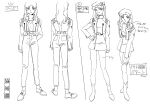  1990s_(style) 1girl absurdres beret boots character_sheet cropped_jacket from_behind full_body greyscale hat highres katsuragi_misato military military_uniform monochrome multiple_views neon_genesis_evangelion official_art production_art retro_artstyle sadamoto_yoshiyuki shoes simple_background turnaround uniform variations white_background zip_available 