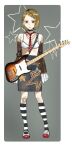 1girl animal_print bandaid bandaid_on_knee bandaid_on_leg belt black_choker blonde_hair choker denim denim_skirt detached_sleeves electric_guitar frilled_sleeves frills full_body guitar guitar_strap highres instrument kosubi_(tsuneta328) leopard_print long_sleeves looking_at_viewer multicolored_hair necktie open_mouth original pencil_skirt red_necktie roots_(hair) short_hair simple_background skirt socks standing star_(symbol) striped_clothes striped_socks vertical-striped_clothes vertical-striped_socks 