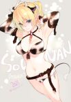  1girl 2021 animal_ears animal_print arm_warmers armpits bell belt bikini blonde_hair blue_eyes breasts chinese_zodiac cleavage closed_mouth copyright_name cow_ears cow_horns cow_print cowbell cowboy_shot horns light_smile looking_at_viewer navel official_art onishima_homare panties sagara_riri side-tie_panties simple_background solo sounan_desuka? swimsuit twintails twitter_username underwear year_of_the_ox 