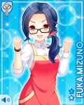  1girl :d apron black-framed_eyewear blue_background blue_hair card_(medium) cellphone character_name girlfriend_(kari) glasses hair_ornament hair_scrunchie looking_at_viewer low_side_ponytail mizuno_fuka multicolored_apron multicolored_scrunchie official_art phone qp:flapper red_apron red_eyes red_scrunchie scrunchie shirt smile solo standing striped_clothes striped_shirt v-shaped_eyebrows 