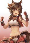  1girl :d animal_ears bangs bitter_glasse_(umamusume) black_choker breasts brown_hair choker clenched_hands collarbone commentary cowboy_shot crop_top eyebrows_visible_through_hair fingerless_gloves gloves gradient gradient_background hands_up highres horse_ears looking_at_viewer medium_breasts midriff navel open_clothes open_mouth open_vest red_background red_eyes red_gloves red_vest shirt short_hair_with_long_locks sleeveless sleeveless_shirt smile solo stomach tail tks_(526tks) umamusume vest white_background white_shirt 