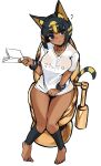  1girl ? animal_crossing animal_ears ankha_(animal_crossing) bangs barefoot black_eyes black_legwear book breasts cat_ears cat_girl cat_tail clothes_writing commentary_request dark_skin highres holding holding_book humanization jovejun large_breasts looking_at_viewer shirt short_hair short_sleeves sitting solo tail tan toilet translated 