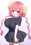  1girl :d bangs black_legwear black_shirt blush breasts commentary_request curled_horns dress eyebrows_visible_through_hair fang gradient gradient_background hair_between_eyes highres horns huge_breasts ilulu_(maidragon) kobayashi-san_chi_no_maidragon long_hair looking_at_viewer low_twintails open_mouth pleated_dress purple_background red_eyes red_hair shirt short_sleeves smile solo thighhighs twintails usashiro_mani very_long_hair white_background 