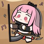  1girl :3 bangs blunt_bangs blush_stickers chibi dancing holding holding_scythe hololive hololive_english jazz_jack long_hair lowres mori_calliope pink_eyes pink_hair scythe sexually_suggestive smile solo virtual_youtuber 