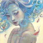  1girl bangs blue_hair blue_pupils commentary english_commentary eyelashes face fish floating_hair goldfish highres hirano_miho lips long_hair looking_at_animal mouth nose oil_painting_(medium) original painting_(medium) parted_lips solo traditional_media 